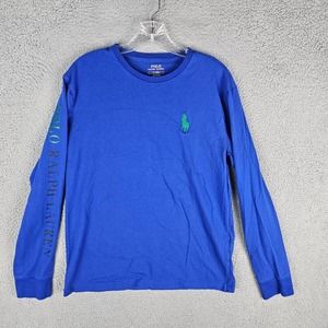 Polo Ralph Lauren Long Sleeve Shirt Medium Blue Cotton Big Pony Sleeve Spellout